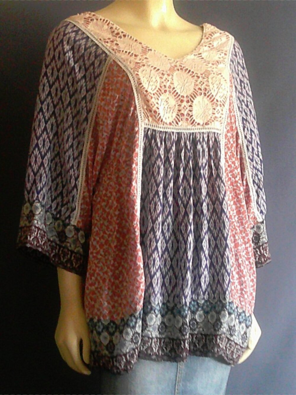 John Mark Ikat Rayon Multi Colored Print Kimono Tunic Top L